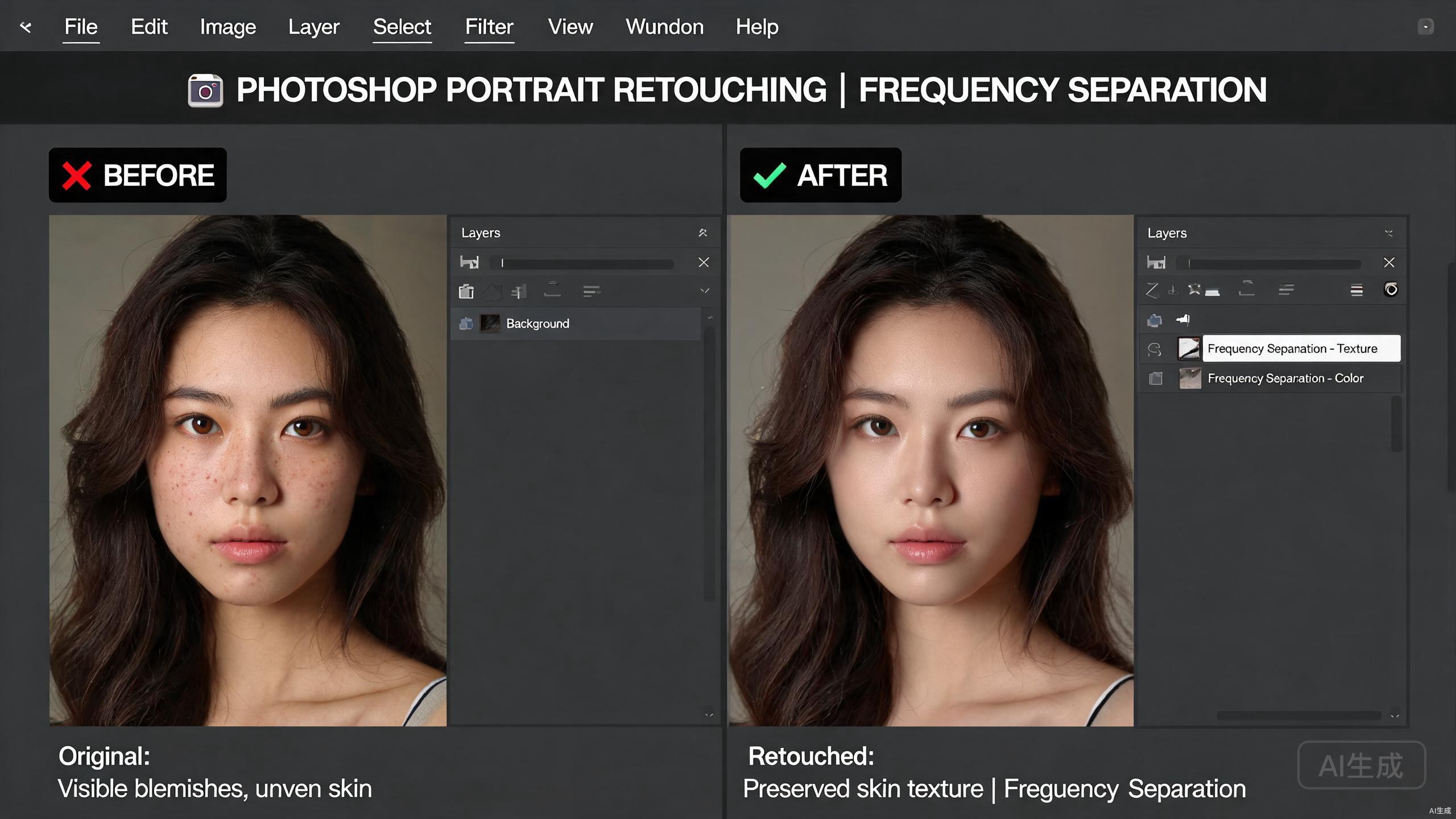 Photoshop人像磨皮完全指南：保留质感的高级修图技巧
